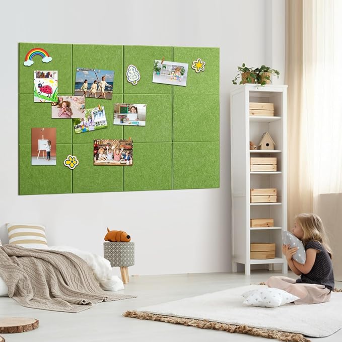 Large Cork Board for Walls - 12 Pack Felt Wall Tiles with Safe Removable Adhesive Tabs - 48" x 36" Bulletin Board for Home & Office & School Decor - Sage Green