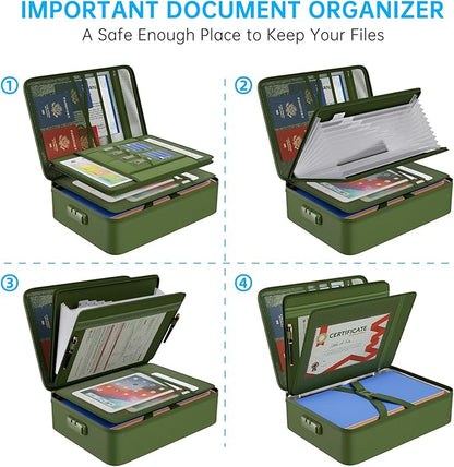 ENGPOW 5200℉ Fireproof File Organizer Bag with 13 Pocket Accordion File Folder,Document Organizer Box with Lock&Labels,Multi-Layer Portable Home Travel Safe Storage for Important Documents,Green