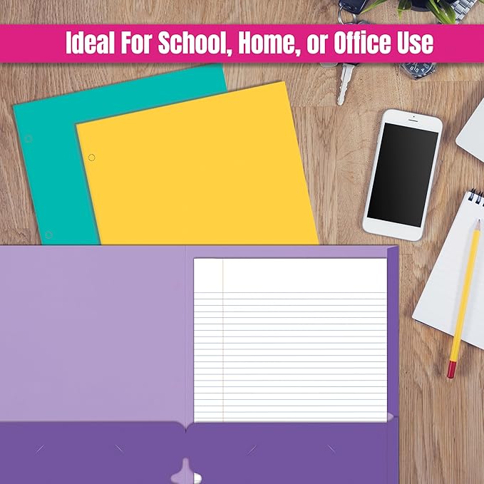 2 Pocket Folders, Assorted 7 Vibrant Colors with Complementing Interior Colors, Fits Letter Size Paper, for School, Office, Home (3 Hole Punched, 50)