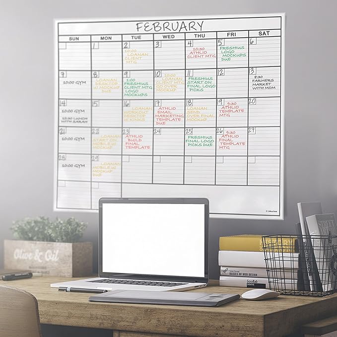 Jumbo Dry Erase Laminated Wall Calendar, Huge 36 Inch by 48 Inch Size, Monthly Planner for Home Office Classroom, Large Date Boxes, Reusable PET Film, Never Folded, 5 Markers, 8 Tacks, 1 Eraser white