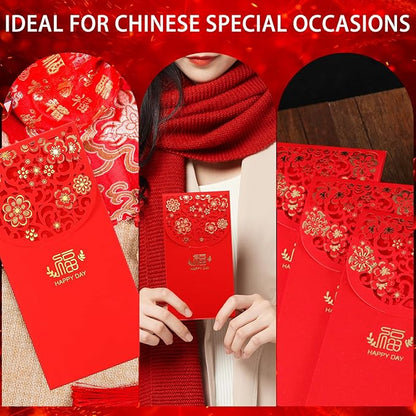 20 Pcs Chinese New Year Red Envelopes, 3.4 x 7 Inches Large 福 Hong Bao Lucky Money Cash Envelopes, Elegant Floral Design Red Packets Lai See for Spring Festival, Lunar New Year, Weddings, Birthdays
