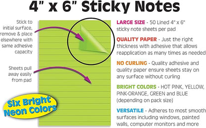 Better Office Products Lined Sticky Notes, 4 x 6, 10 Pack, 500 Sheets (50/Pad), Self Stick Notes with Lines, 6 Bright Assorted Colors, Post Memos, Strong Adhesive, 10 Pads