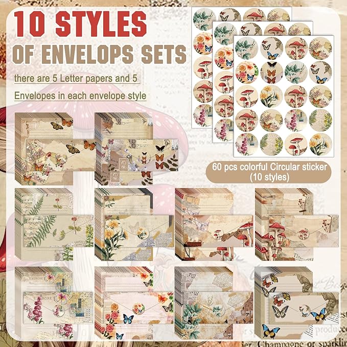TaoBary 160 Packs Stationery Paper Set (50 Double Sided Stationery Writing Papers 50 Matching Envelopes) 60 Round Dot Sticker, 10 Design(8.5 x 11 Inch,Nature Vintage Style)