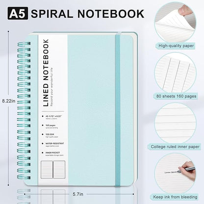Light Green Lined Spiral Journal Notebook with 160 Pages, 8×5.7in, A5 Spiral Notebook, Journaling Notebooks for Work, School, Women, Men, College Ruled Spiral Notebook, Hardcover Leather Journals