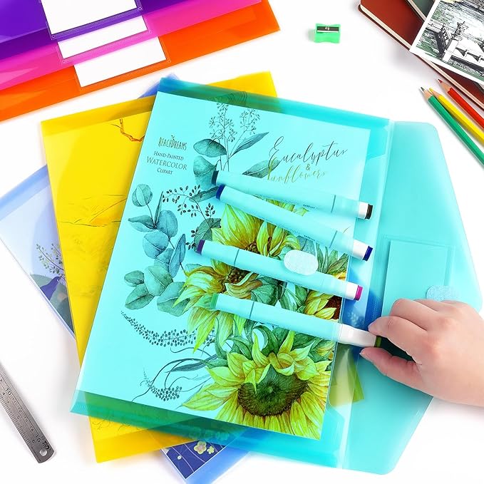 Tamaki 6 Pack Plastic Envelopes Poly Envelope Folder Clear Document Plastic File Folders Organization with Hook & Loop Closure, Letter Size/A4 Size, Envelope Folders for School Office