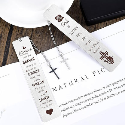 Christian Metal Bookmarks Gifts - 2Pcs Inspirational Bible Verse Bookmarks Gift for Book Lovers Pretty Bookmarker with Cross Pendant for Women Religious Book Mark Gifts for Friends