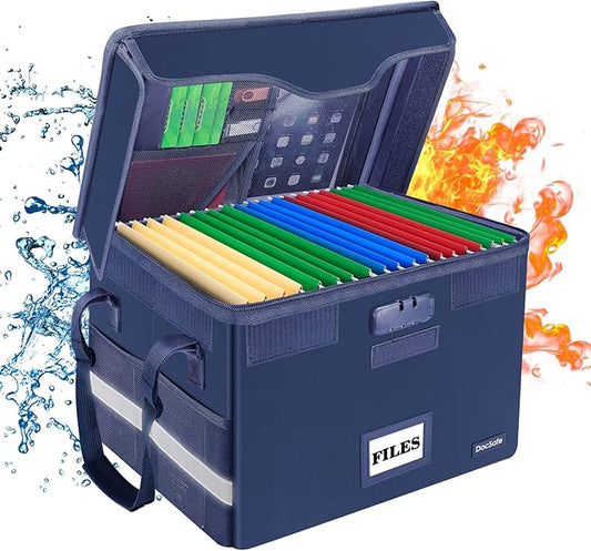 DocSafe File Box Fireproof Document Box with Lock,File Storage Organizer Box with Insert Pocket,Collapsible Portable File Box Home Office File Cabinet with Handle for Hanging Letter/Legal Folder,Blue