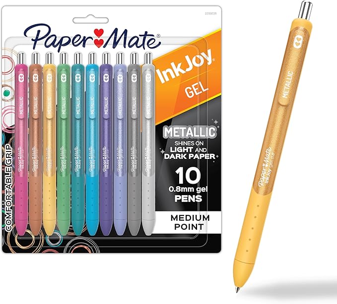 Paper Mate InkJoy Gel Pens, Metallic Pens, Retractable, Medium Point, (0.8mm) Assorted Colors, 10 Count