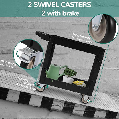 Elevon Service Utility Cart, 2-Shelf 550LBS Heavy Duty Plastic Rolling Tool Cart 2 Swivel Casters with Brakes, Ergonomic Storage Handle for Warehouse, Garage, Cleaning, Manufacturing - Black