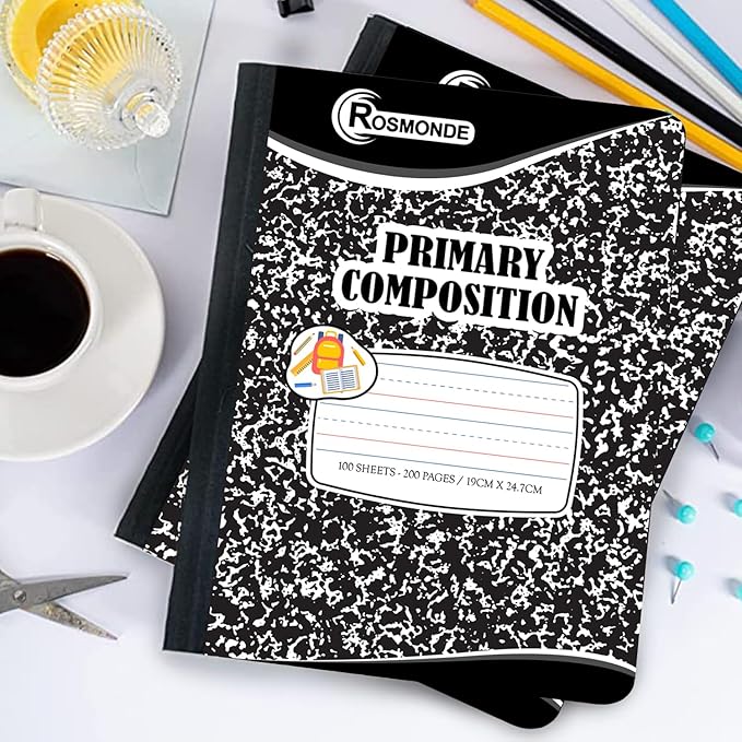 5 Pack Primary Composition Notebooks, 200 Pages (100 Sheets), Primary Ruled Composition Notebook for Kids, 9-3/4" x 7-1/2", Grades K-2 Writing Workbook, Writing Dotted Lined, Black Marble