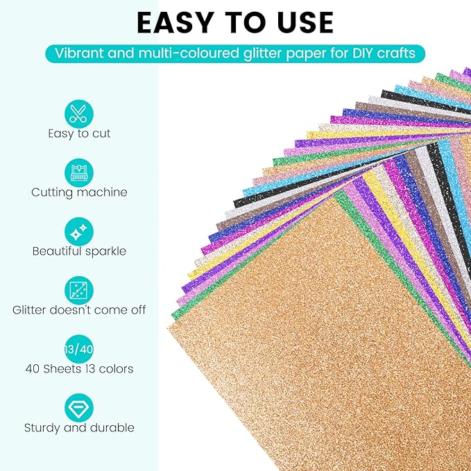 40 Sheets 300GSM HTVRONT Glitter Cardstock Paper - 13 Colors Glitter Card Stock, 110lb Cover A4 Thick Glitter Cards for Craft, Birthday, Scrapbook, Wedding, Sparkly Paper, Card Making