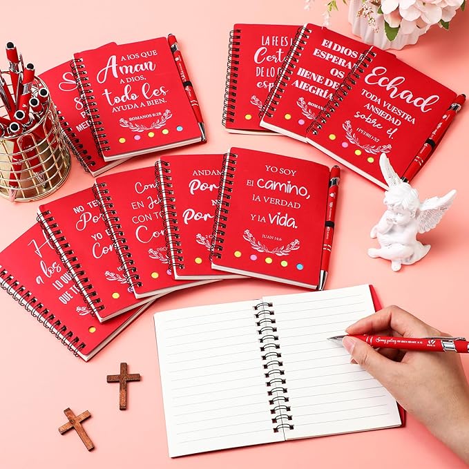 60 Pcs Spanish Christian Gifts Bulk Religious Notebooks with Bible Verse Pens,inspirational Spiral Prayer Journal and Pen Set Church Gifts for Women Men Sunday Church Party Favors (Red)