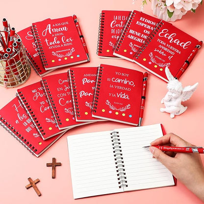 60 Pcs Spanish Christian Gifts Bulk Religious Notebooks with Bible Verse Pens,inspirational Spiral Prayer Journal and Pen Set Church Gifts for Women Men Sunday Church Party Favors (Red)