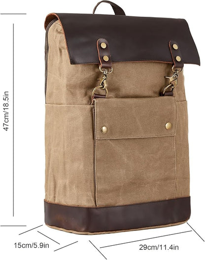 Vintage Waterproof Waxed Canvas Leather Backpack for Men Women 15.6" laptop Travel Rucksack