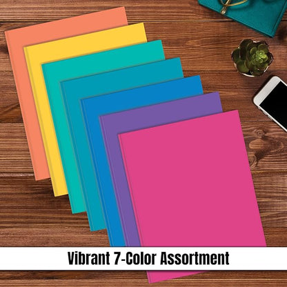 2 Pocket Folders, Assorted 7 Vibrant Colors with Complementing Interior Colors, Fits Letter Size Paper, for School, Office, Home (with Prongs, 50)