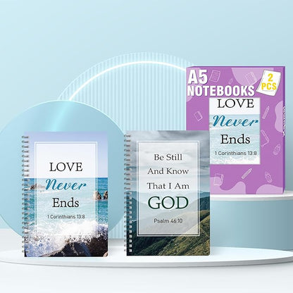 2Pack A5 Natural Scenery Religious Spiral Notebooks - Love Never Ends Bible Verses Notebooks, Ruled Hardbound Lined Journal, Inspirational Christian Christmas Gift, Sunday School Supplies