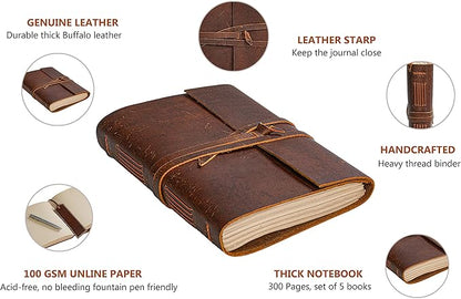 Leather Journal Notebook - Rustic Handmade Vintage Leather Bound Journals for Men and Women - Leather Craft Unlined Paper 300 Pages, Leather Book Diary Pocket Notebook, Diary To Write In (5" x 7")