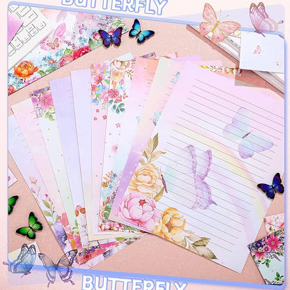 TaoBary 160 Packs Stationery Paper Set (50 Double Sided Stationery Writing Papers 50 Matching Envelopes) 60 Round Dot Sticker, 10 Design(Watercolor Butterfly,8.5 x 11 Inch)