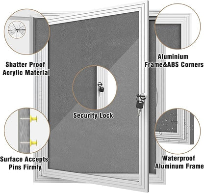 26"x20" Enclosed Bulletin Board, Outdoor Lockable Weather-Resistant Aluminum Cork Noticeboard for School & Office, Silver Frame w/Grey Flet