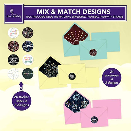 Decorably 24 Pack 6x4in Happy Work Anniversary Cards for Employees with Envelopes & Stickers, 8 Fireworks Designs Employee Anniversary Cards, Blank Inside