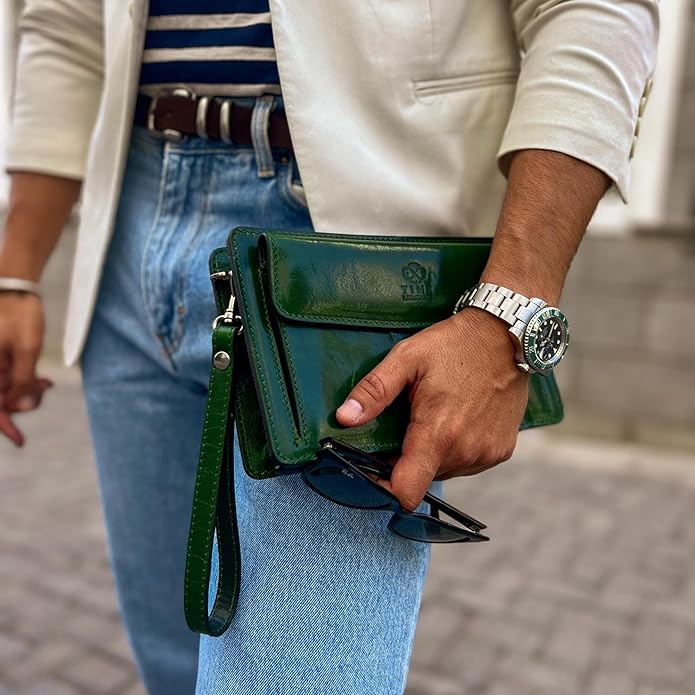 Time Resistance Leather Clutch for Men Organizer Wrist Bag Briefcase Handmade in Italy Gift Box Included
