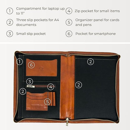 Time Resistance Leather Portfolio - A4 Document Folder - Padfolio - Italian Handcrafted Organizer Folio - Gift Box Included