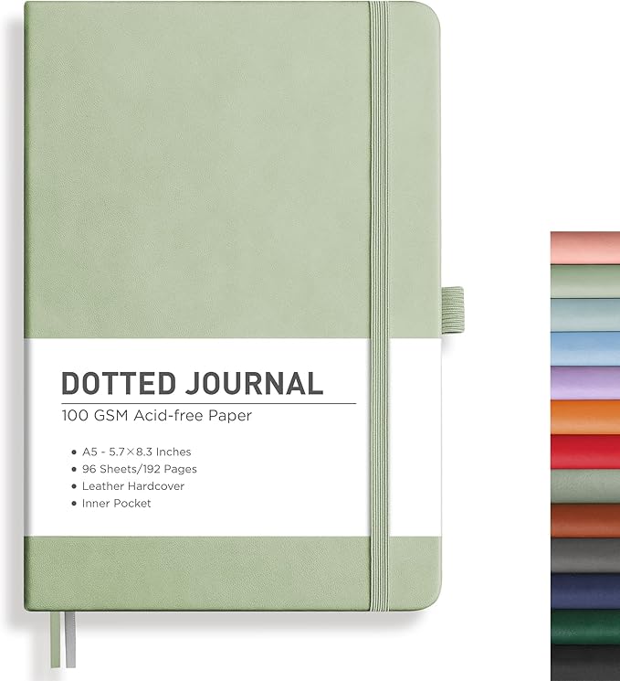RETTACY Bullet Dotted Journal, A5 Dotted Notebook Journal with 192 Pages, 5.7'' × 8.3'', Medium Size, 100 GSM Thick Paper, Leather Hardcover, Bullet Journaling, Planning (Light Green)