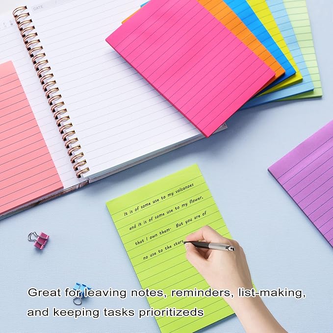 9 Pack Lined Sticky Notes 4x6 in Post Sticky Notes with Lines, 9 Bright Colors Large Ruled Post Sticky Colorful Super Sticking Power Memon Pads, Sticky Notes 4x6 for Office, Home, 35 Sheets/Pad