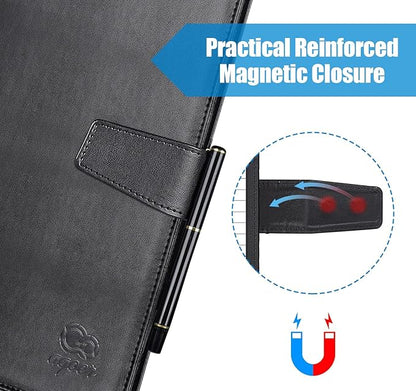 A5 Leather Portfolio Binder, Interview Legal Document Organizer with Magnetic Closure Cover with A5 Sized Papers,Sticky Tabs,Pen,Mini Document Organizer Folder for Men Women,Black