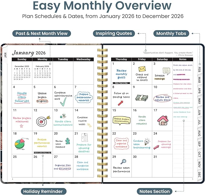 2026 Planner, Weekly and Monthly Planner for Women, January 2026 to December 2026, Pretty Hardcover 2026 Calendar Planner Book with Tabs, Inner Pocket, Spiral Bound, Perfect Office Home School Supplies - 6.3" x 8.5", Vintage Peony
