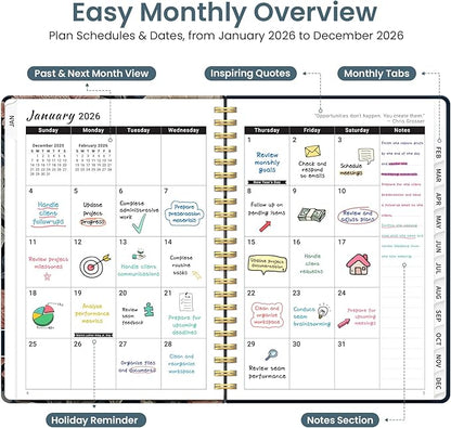 2026 Planner, Weekly and Monthly Planner for Women, January 2026 to December 2026, Pretty Hardcover 2026 Calendar Planner Book with Tabs, Inner Pocket, Spiral Bound, Perfect Office Home School Supplies - 6.3" x 8.5", Vintage Peony