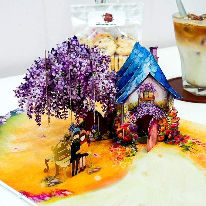 Romantic Couple with Flowering Wisteria and Charming Homestead Design, Valentines Pop Up Cards, Happy Anniversary Pop Up Cards - Perfect Handmade Present for Girlfriend, Wife or Couple