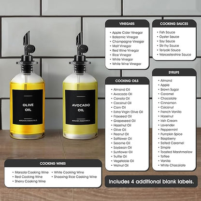 Olive Oil & Coffee Syrup Labels for Bottles - 2.5" x 2.5" Waterproof Kitchen PVC Sticker Labels for Oils, Coffee Syrups, Vinegars, Sauces, Cooking Wines, Condiments - Minimalist Black, 61pcs