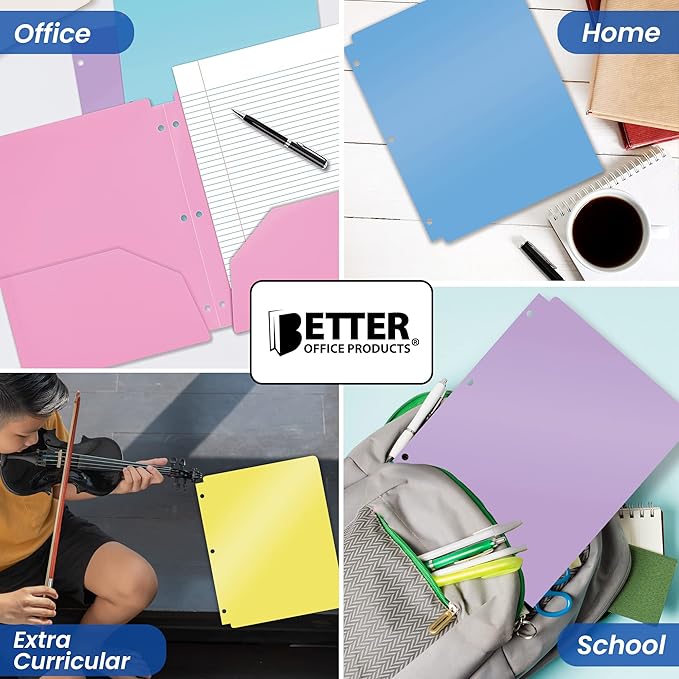 Better Office Products 3 Hole Punch Pocket Folders, Bulk Pack, Sturdy Plastic 2 Pocket Folders, Assorted Pastel Colors, Letter Size, with Business Card Slot,(6 Pack)