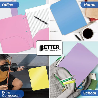 Better Office Products 3 Hole Punch Pocket Folders, Bulk Pack, Sturdy Plastic 2 Pocket Folders, Assorted Pastel Colors, Letter Size, with Business Card Slot,(12 Pack)