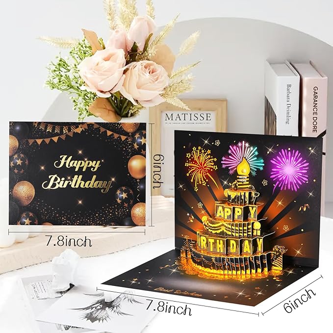 Musical Birthday Card, 3D Pop Up Card with Music and Light, Firework Greeting Card with Interactive Blowable Candle, Birthday Gift for Her Him Mom Grandma Wife Husband