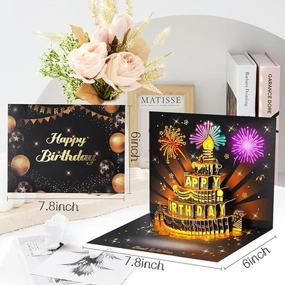 Musical Birthday Card, 3D Pop Up Card with Music and Light, Firework Greeting Card with Interactive Blowable Candle, Birthday Gift for Her Him Mom Grandma Wife Husband
