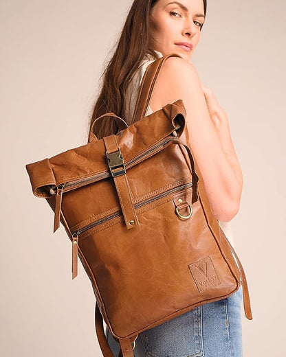 Genuine Leather Backpack for Women, Roll Top Backpack, Laptop Bookbag, Roll On Vintage Rucksack for College, Work & Travel, Brown, Medium - 15.3 Inch