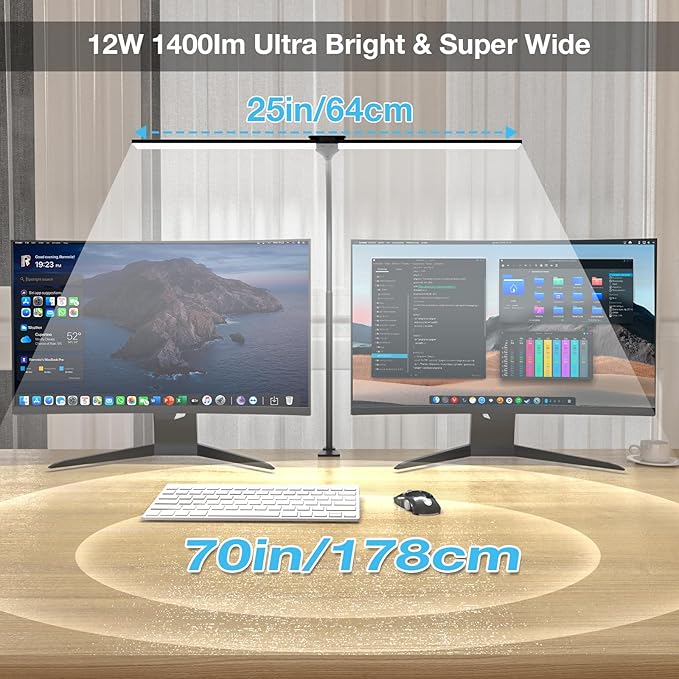LED Desk Lamp for Home Office, Bright Double Head Desk Lamp with Clamp, Dimmable 5 Color Modes Desk Lighting, 12W Eye-Caring Architect Table Lamp for Workbench, Monitor, Reading, Study, 1400lm
