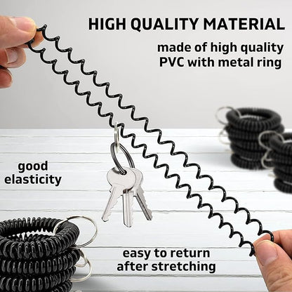 50PCS Keychain Wristlet Wrist Keychain Wristband Elastic Stretchable Spiral Bracelet Key Hook Key Holder for Gym Pool Spring Spiral Coil Black