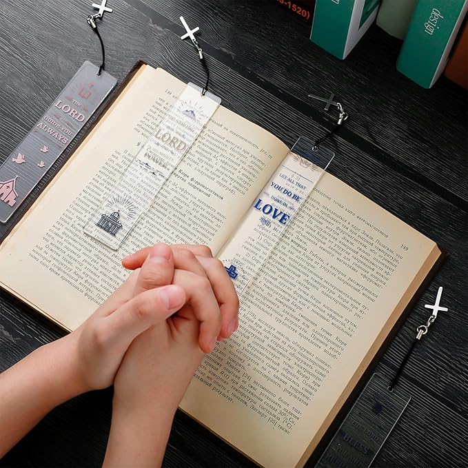 Zonon 10 Pcs Christian Bookmark Acrylic Bible Verses Bookmark with Cross Pendant Inspirational Catholic Bookmark for Woman Religious Christian Gift for Man Christmas Gifts School Office Supply