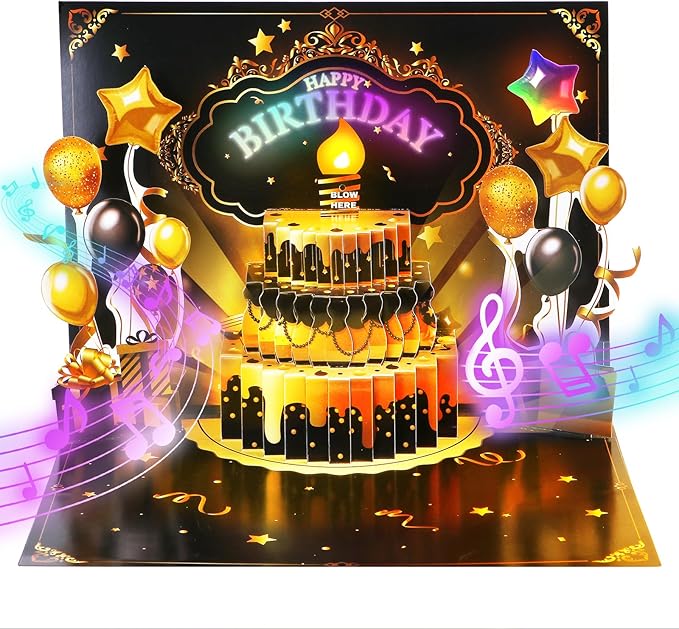Birthday Gift Card, 3D Pop Up Birthday Card with Light and Music & Interative Candle, Birthday Cards Birthday Gifts for Women Men Kids