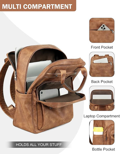 MASINTOR Leather Laptop Backpack for Women, Stylish Computer Backpack College Business Work Shoulder Bags Work and Travel Mocha Brown