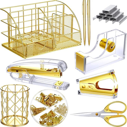Desk Accessories Office Supplies Set, Christian Charity Donation Supplies Acrylic Stapler Set Staple Remover Tape Dispenser Desk Organizer Pen Holder Binder Paper Clips Ballpoint Scissor(Gold)