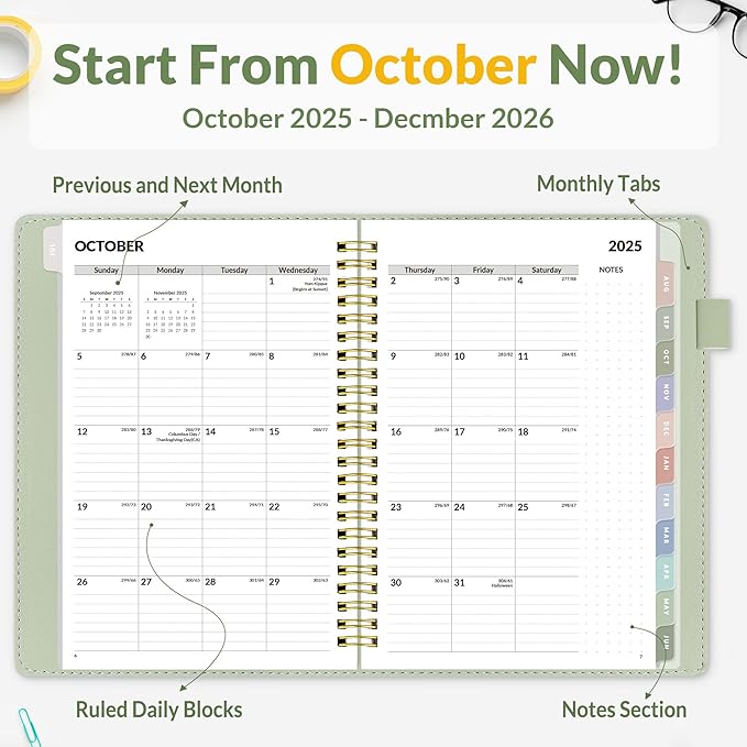 SUNEE 2026 Weekly & Monthly Planner 6.4"x8.5"- 12 Month (January 2026 - December 2026), Vegan Leather Cover, Pocket, Bookmark, Notes, Monthly Tab, Sage Green