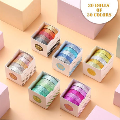 Eaasty 30 Rolls Glitter Washi Tape Colored 66 Yard Rainbow Metallic Tape Decorative Adhesive for Art Scrapbook DIY Craft Projects Gift Wrapping Decor