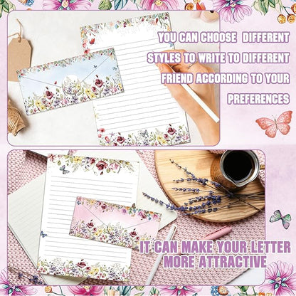 TaoBary 160 Packs Stationery Paper Set (50 Double Sided Stationery Writing Papers 50 Matching Envelopes) 60 Round Dot Sticker, 10 Design(Wildflower,8.5 x 11 Inch)