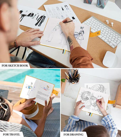 Blank Journal Notebook, A5 Hardcover Leather Sketchbook with 200 Pages Thick Blank Paper for Men Women, Unlined Drawing & Writing Journal, 5.9" x 8.4" Plain Notebook (yellow)