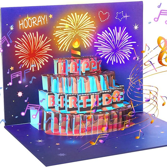 Musical Birthday Card, Pop up 3D LIGHTS & SOUND Firework Happy Birthday Decorations Greeting Cards for Women With Envelopes Purple