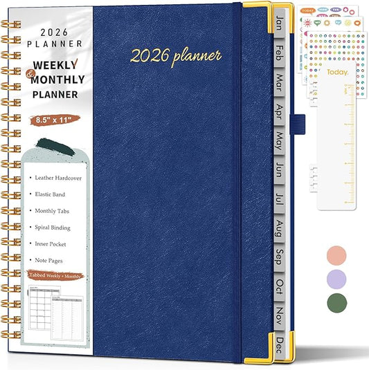 2026 Planner, Weekly and Monthly Calendar Planner from January 2026 - December 2026, 8.5" x 11" Hardcover Leather Hourly Appointment Book with Tabs, Spiral Daily Planners for College School Work Home, Navy